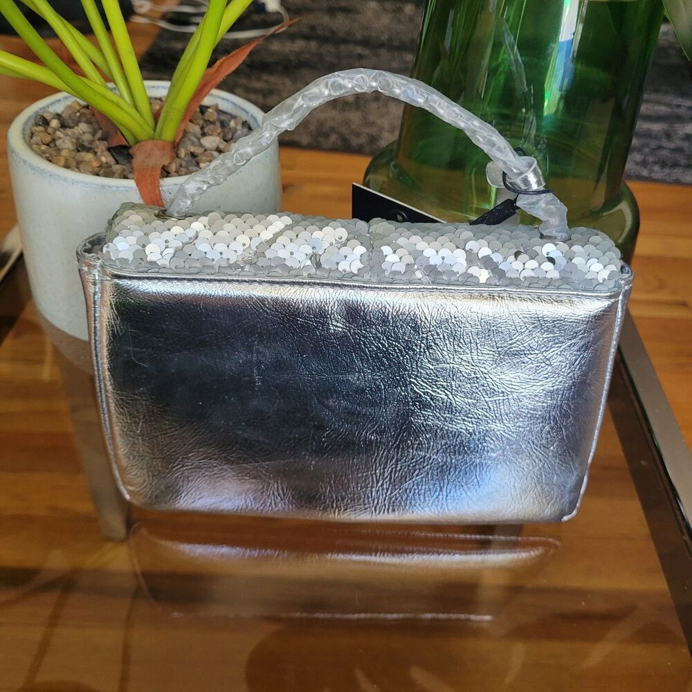 Nicole Miller Silver Sequin Handbag Chevron Quilted Crossbody Purse Evening Bag - Picture 7 of 12